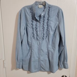 White Stag Vintage Tuxedo Blue Chambray Button Cotton Long Sleeve Blouse Ruffle